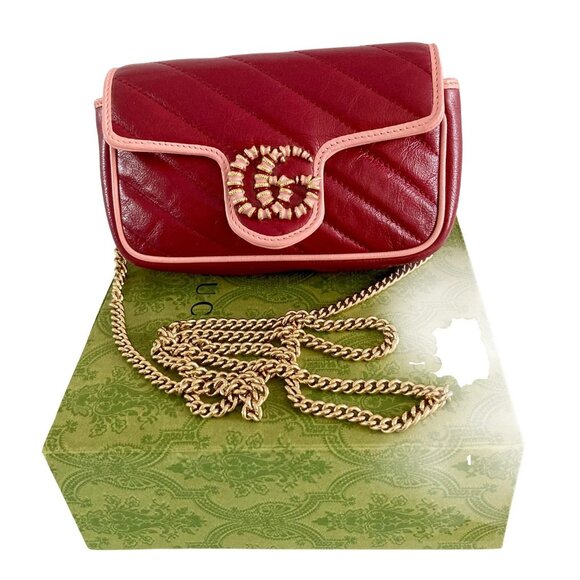 Gucci Calfskin Enamel Matelesse Marmont Diagonal Super Mini Burgundy - Picture 1 of 10